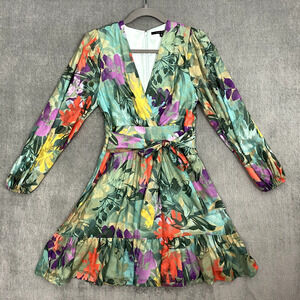 Alex Marie Women Dress 2P Simone Tropical Sage Floral Vibrant Sheer Puff Sleeves